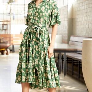 New RUNGOLEE Green Floral Tiered Midi Dress